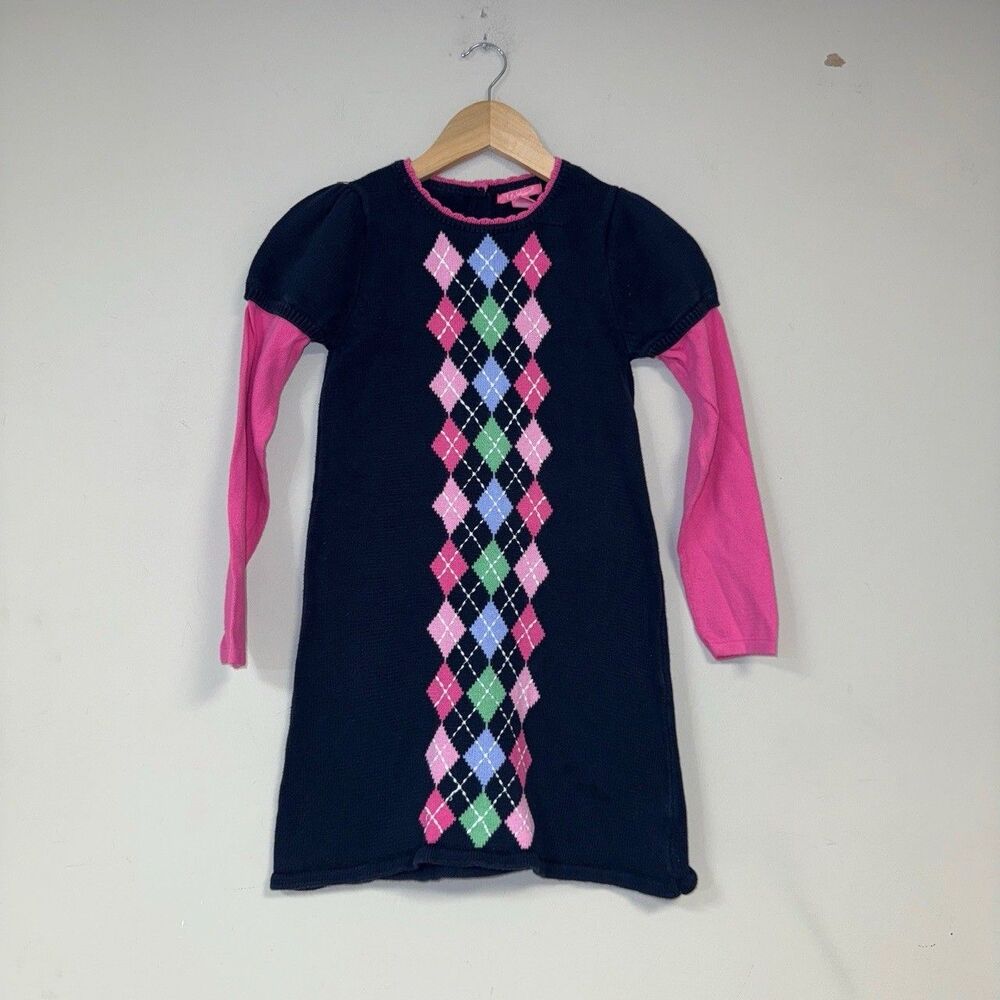 Lilly Wicket Argyle Sweater Dress Girls 7-8 Small Navy Pink Dress Pattern Preppy